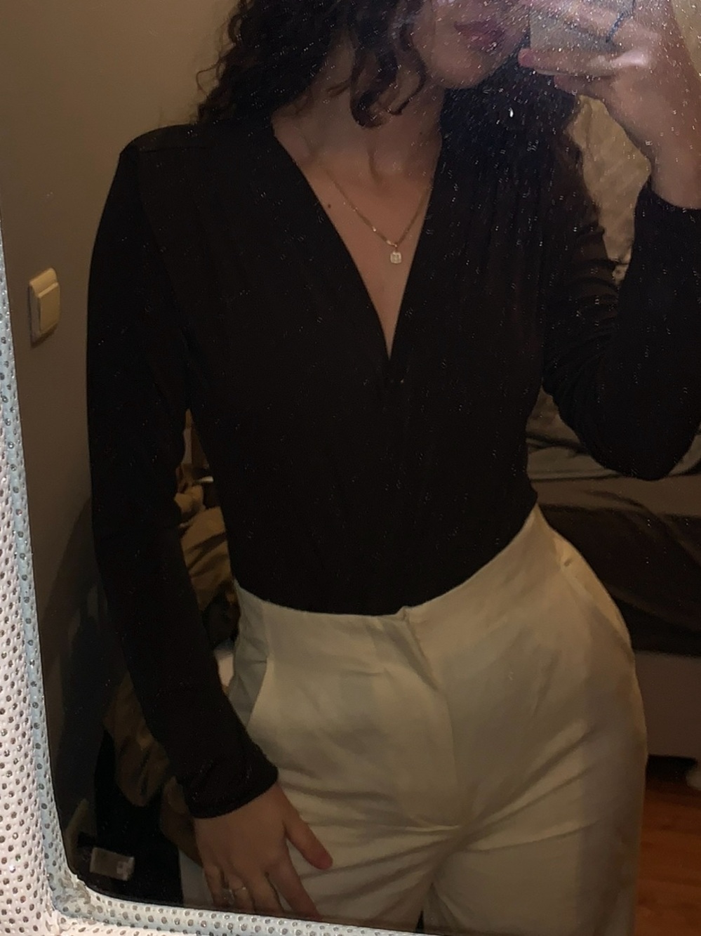 Long-Sleeve Black V‑Neck Bodysuit
